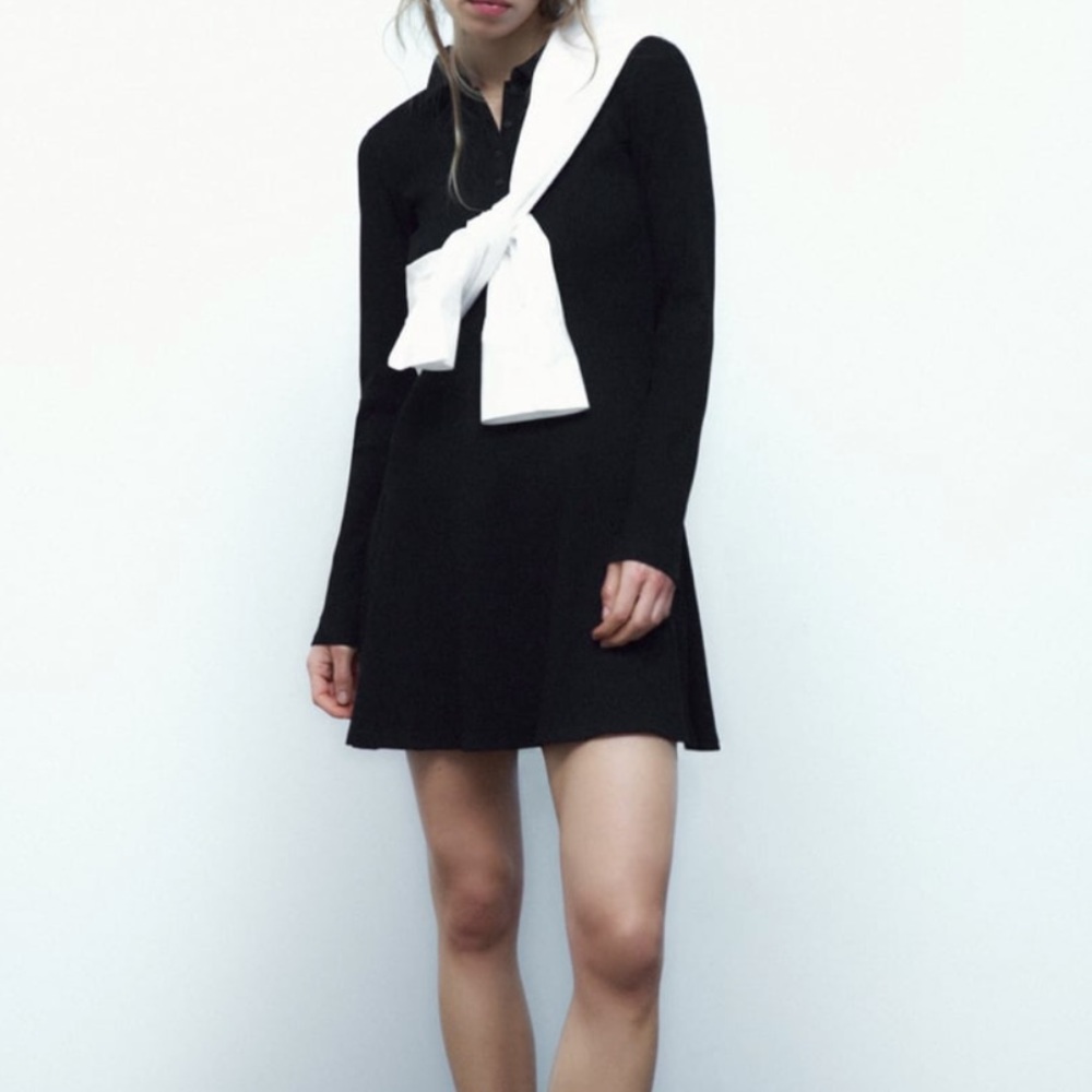 ZARA Ribbed Polo Mini Button Up Dress Black Small